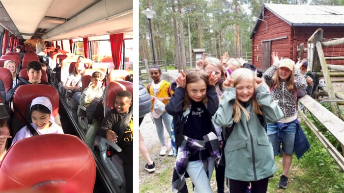 Elever på en buss och på plats på Lycksele djurpark