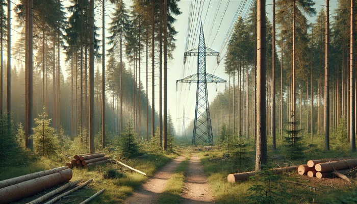 Skog med en krafledning som går längs efter