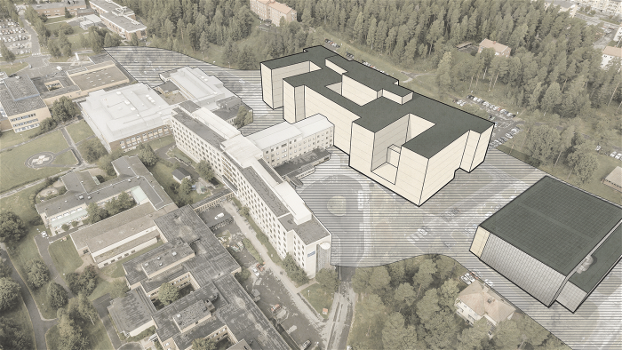 Skissbild över den nya vårdbyggnaden och parkeringshuset på Skellefteå sjukhus.