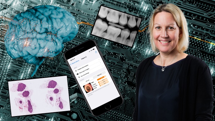 Nina Sundström tillsammans med bilder från olika AI-projekt.