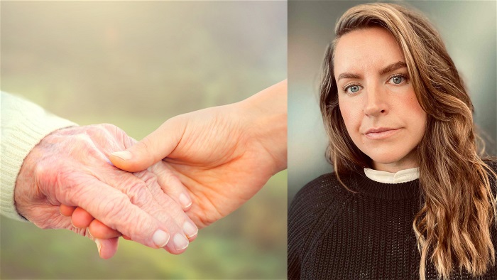 Håller hand och Jasmine Olofsson som är vårdutvecklare i Demensprocessen för Region Västerbotten.