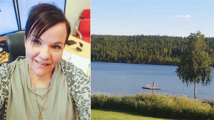 Collage. Porträttbild på Rebecca, kort mörkt hår och blåa ögon, och en bild på vatten med skog runt. Foto.