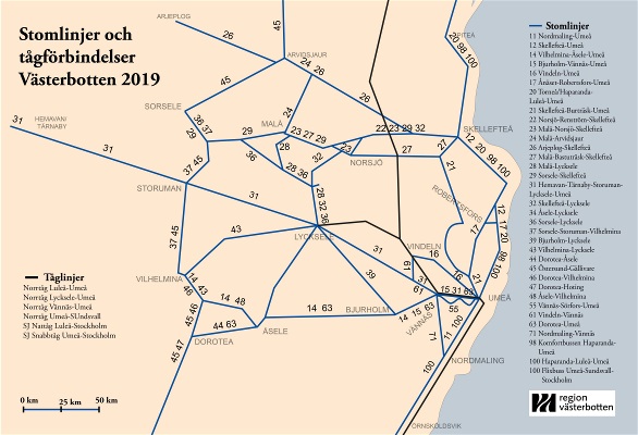 Karta över stomlinjer och tåg i Västerbotten år 2019