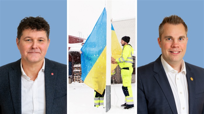 Ett dekorativt fotomontage. Från vänster till höger: regionstyrelsens ordförande Peter Olofsson (S), hissning av den ukrainska flaggan och regionråd Nicklas Sandström (M)