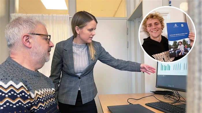 Johannes Dock och Kristina Lindvall vid en dator med en infälld bild med David Åhman.